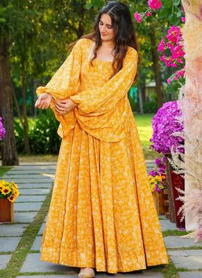 Yellow heavy digital printed heavy georgette gown style 2