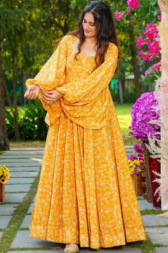 Yellow heavy digital printed heavy georgette gown style