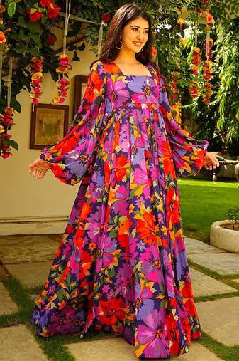 Multicolor heavy digital printed heavy georgette gown style