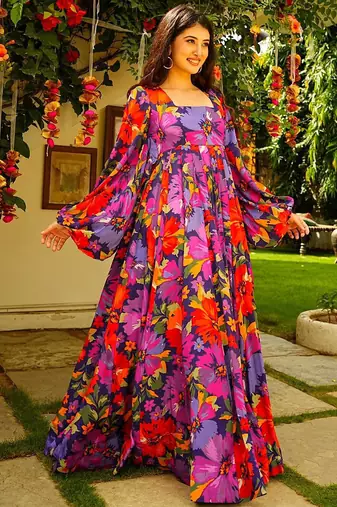 Multicolor heavy digital printed heavy georgette gown style