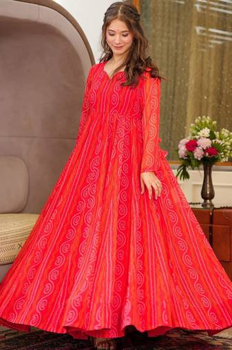 Red heavy digital printed heavy georgette gown style