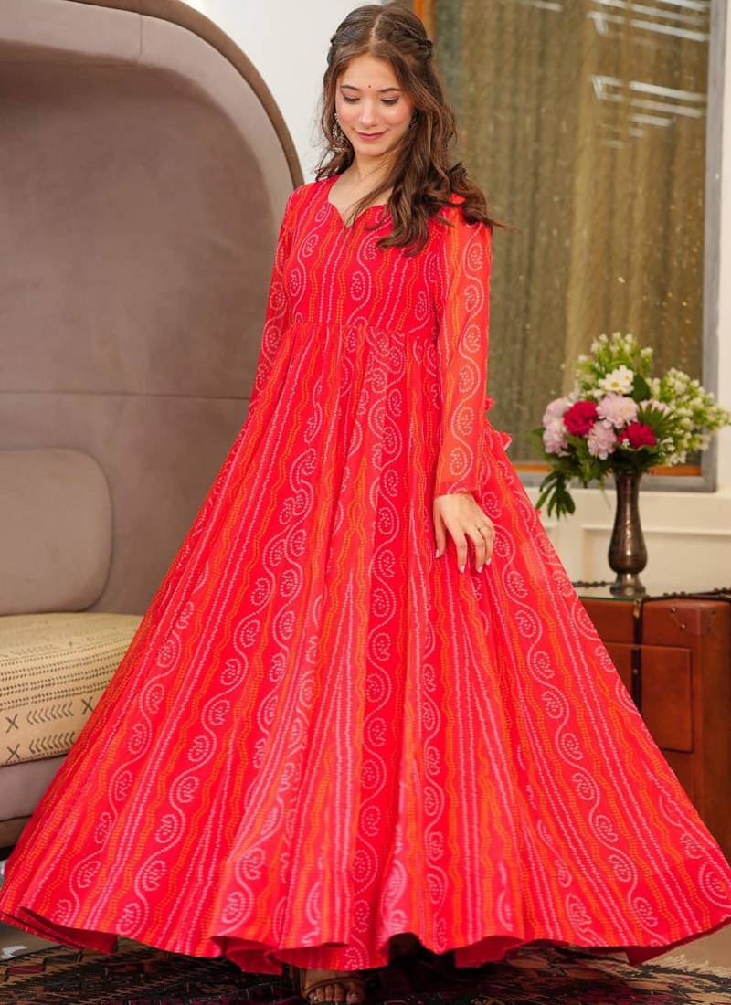 Red heavy digital printed heavy georgette gown style