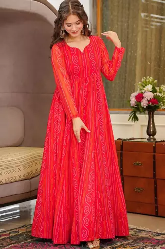 Red heavy digital printed heavy georgette gown style