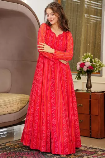 Red heavy digital printed heavy georgette gown style