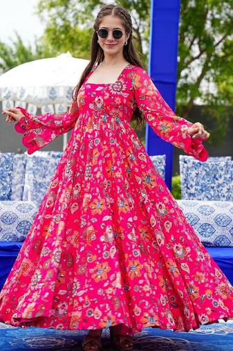 Pink heavy digital printed heavy georgette gown style