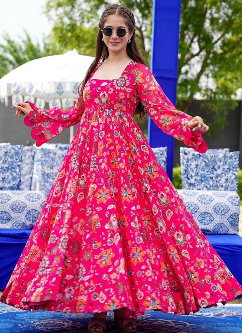 Pink heavy digital printed heavy georgette gown style