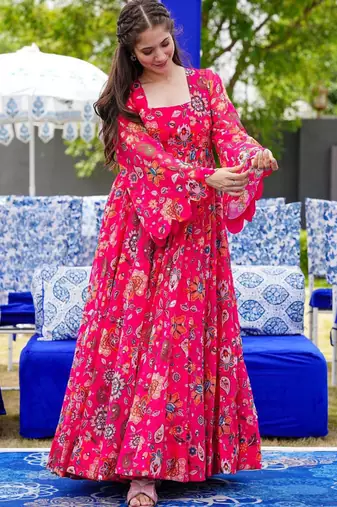 Pink heavy digital printed heavy georgette gown style