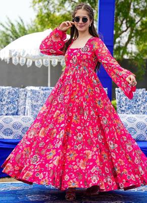 Pink heavy digital printed heavy georgette gown style 3