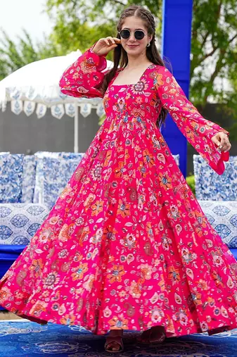 Pink heavy digital printed heavy georgette gown style