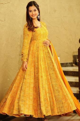 Yellow heavy digital printed heavy georgette gown style