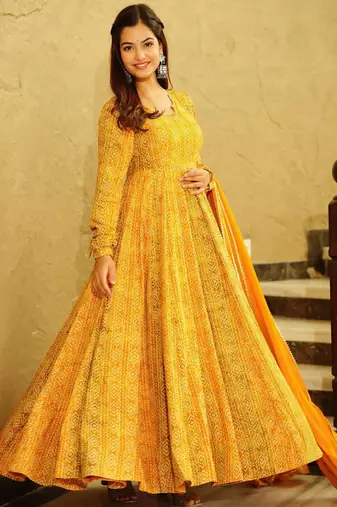 Yellow heavy digital printed heavy georgette gown style