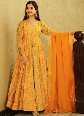 Yellow heavy digital printed heavy georgette gown style 2