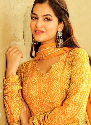 Yellow heavy digital printed heavy georgette gown style 4