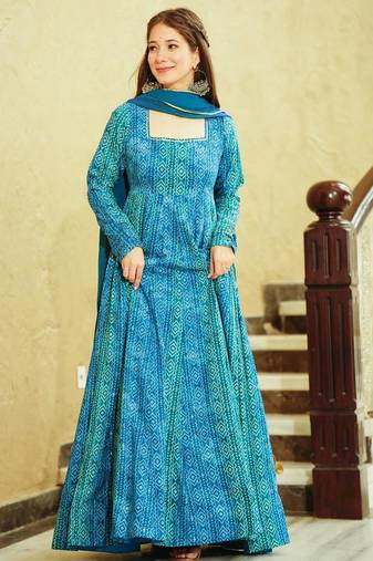 Sky blue heavy digital printed heavy georgette gown style