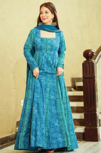 Sky blue heavy digital printed heavy georgette gown style