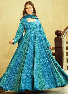 Sky blue heavy digital printed heavy georgette gown style 2