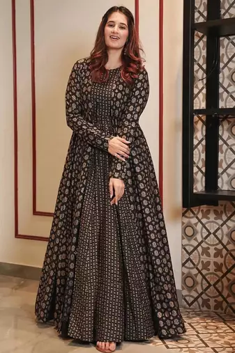 Black digital print muslin gown style
