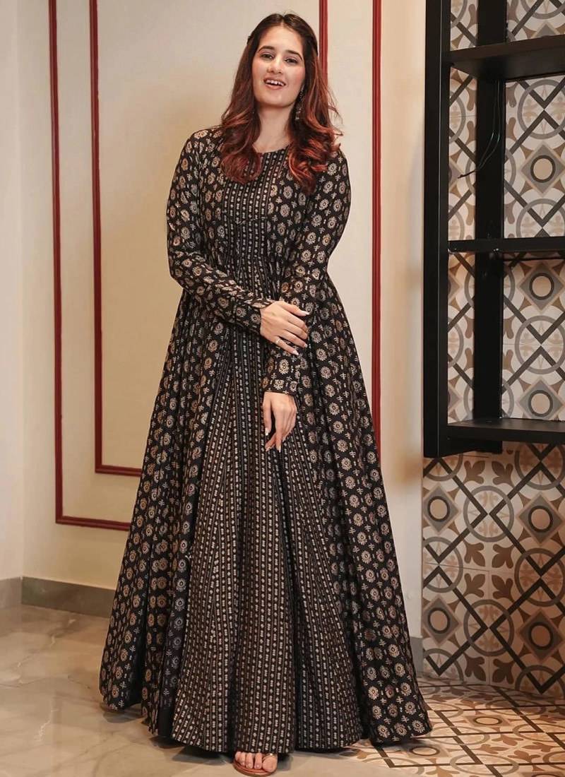 Black digital print muslin gown style