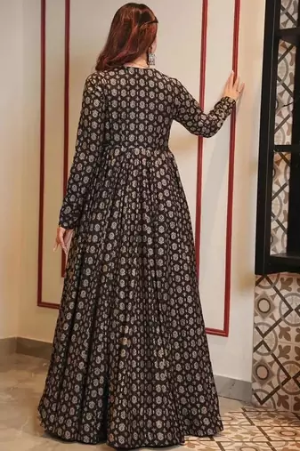 Black digital print muslin gown style