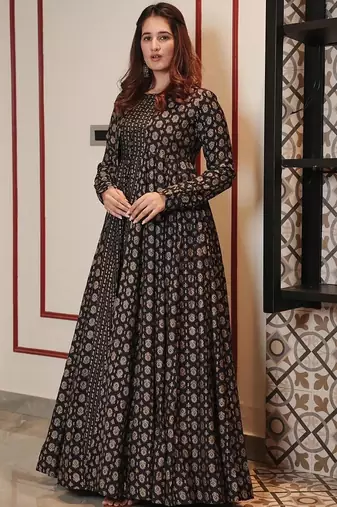 Black digital print muslin gown style