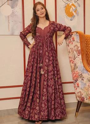 Maroon digital print muslin gown style 1
