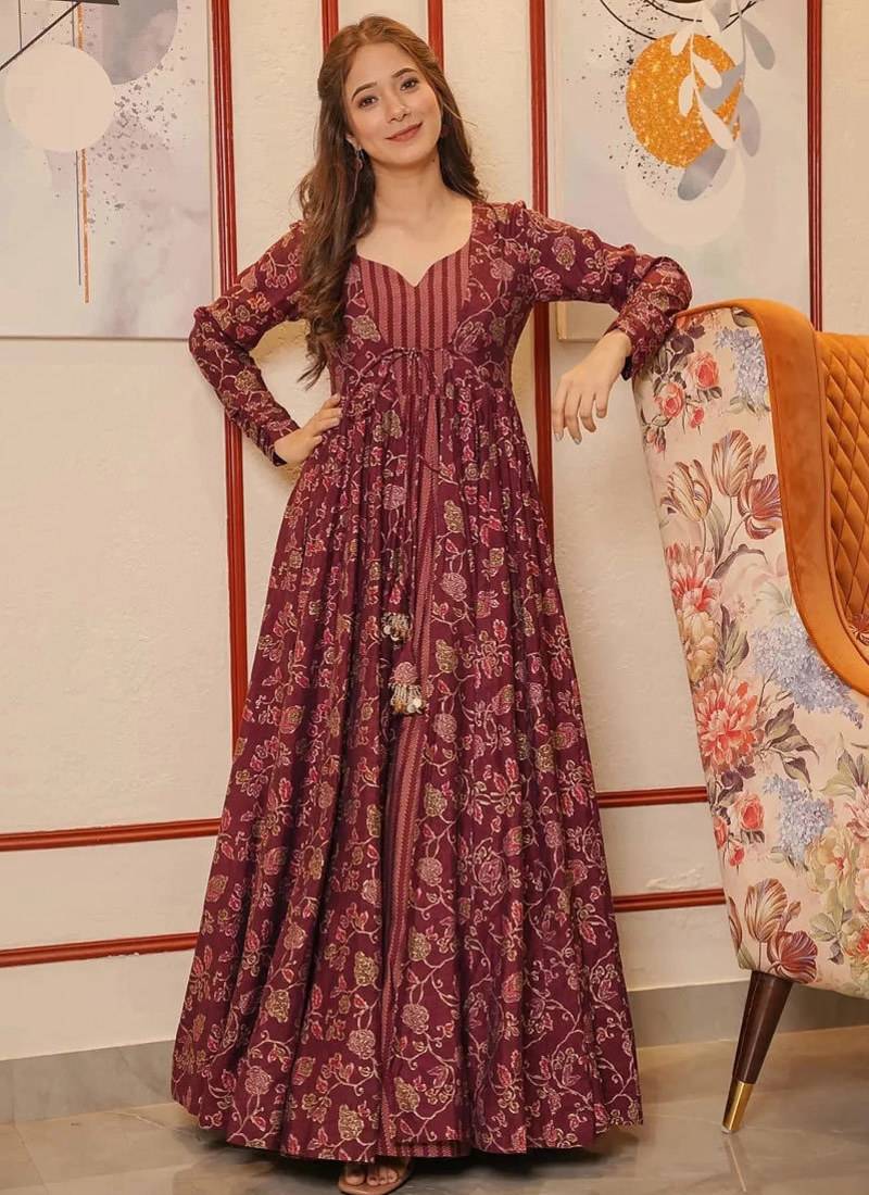 Maroon digital print muslin gown style