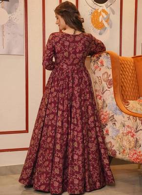 Maroon digital print muslin gown style 2
