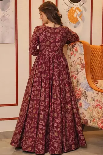 Maroon digital print muslin gown style