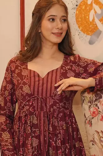 Maroon digital print muslin gown style