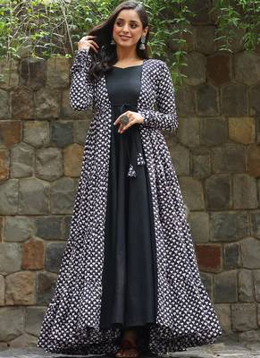 Black digital print muslin gown style 1
