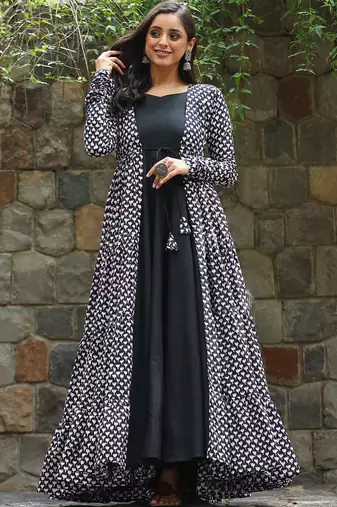 Black digital print muslin gown style