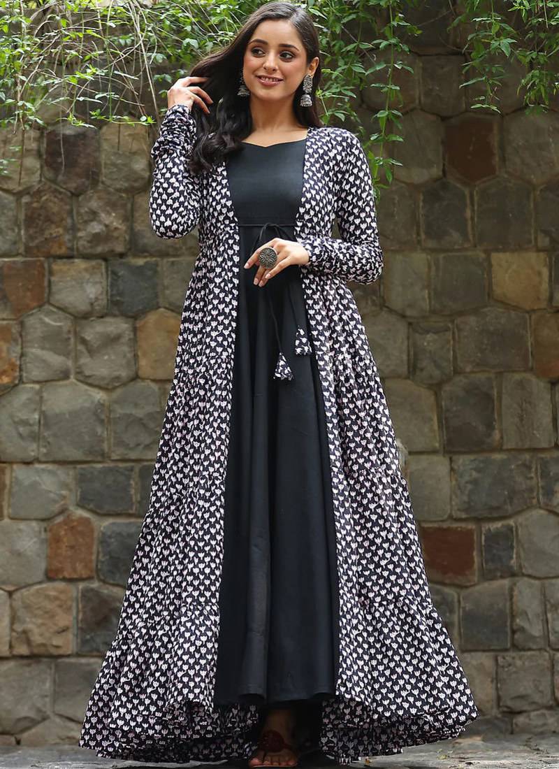 Black digital print muslin gown style