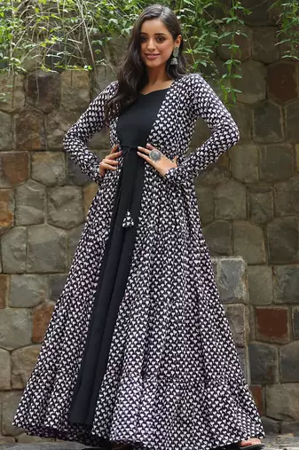 Black digital print muslin gown style
