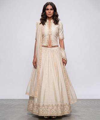 Ivory Embroidered Dupion Silk Lehenga Set 1
