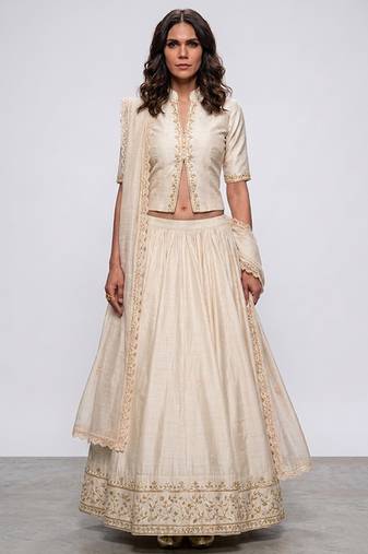 Ivory Embroidered Dupion Silk Lehenga Set