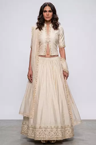 Ivory Embroidered Dupion Silk Lehenga Set