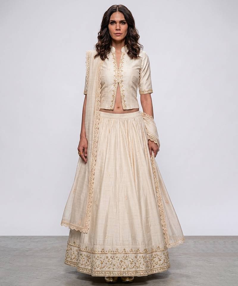 Ivory Embroidered Dupion Silk Lehenga Set