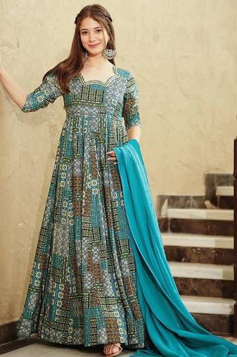 Sky blue heavy digital printed heavy rayon anarkali suits