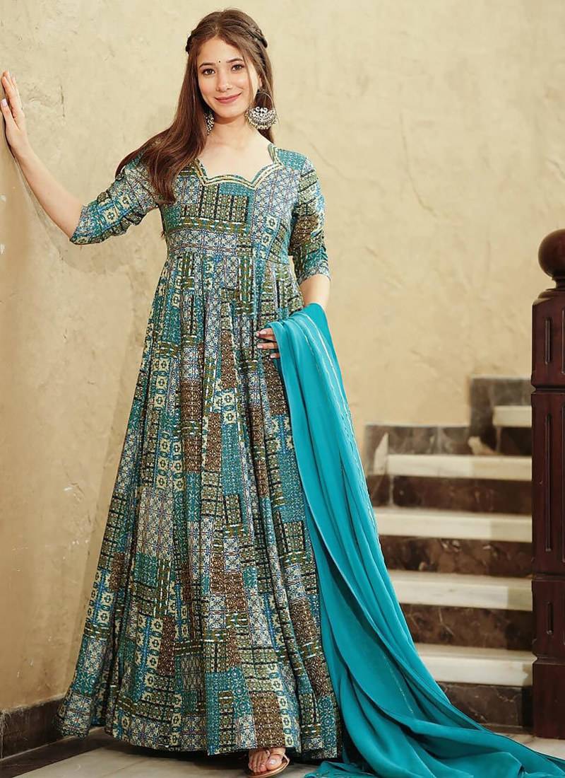 Sky blue heavy digital printed heavy rayon anarkali suits