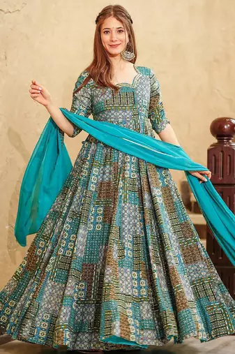 Sky blue heavy digital printed heavy rayon anarkali suits