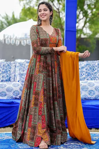 Multicolor heavy digital printed heavy rayon anarkali suits