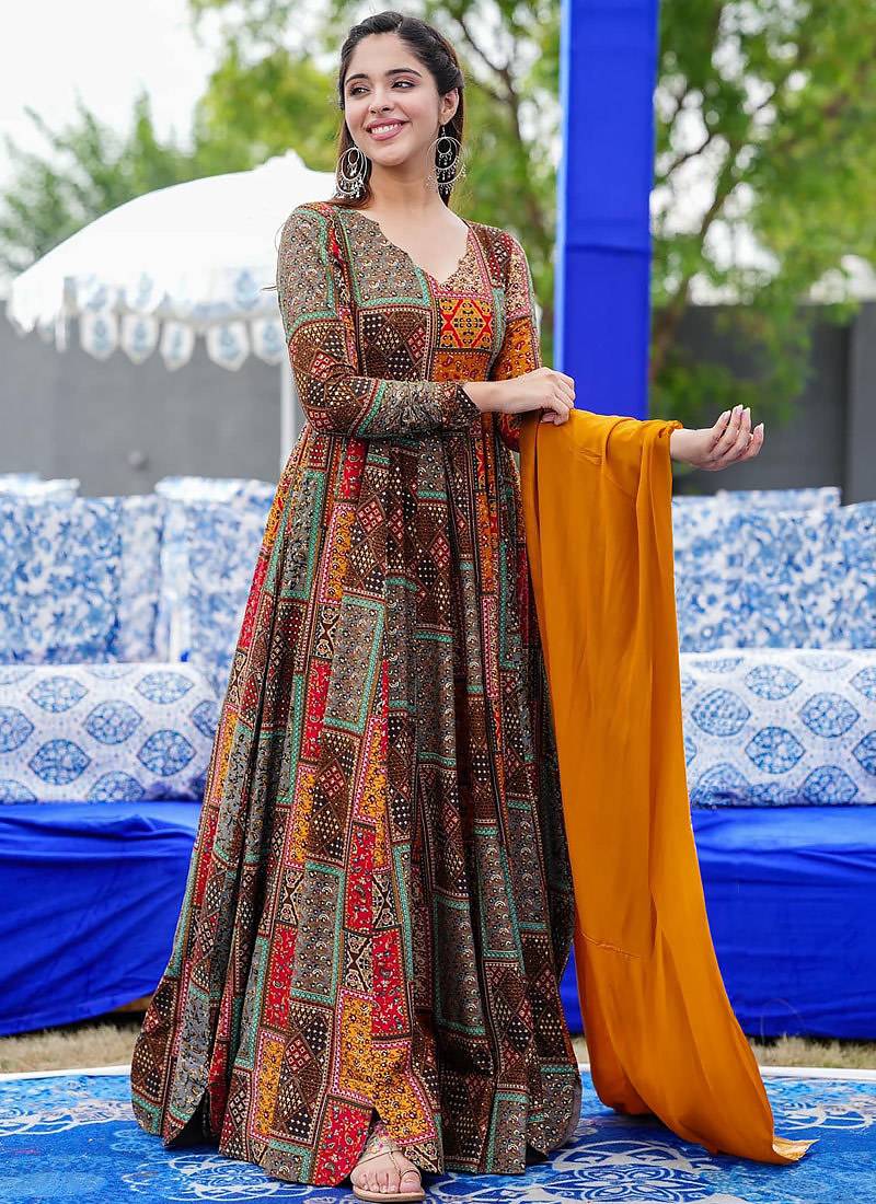 Multicolor heavy digital printed heavy rayon anarkali suits