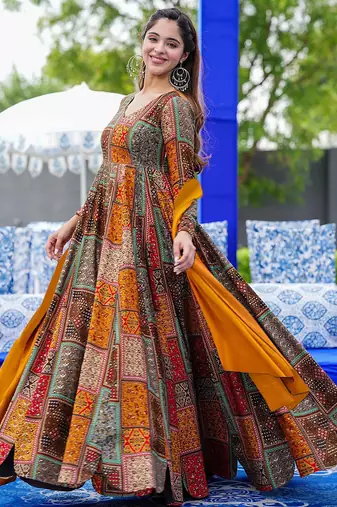 Multicolor heavy digital printed heavy rayon anarkali suits