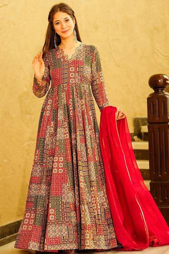 Multicolor heavy digital printed heavy rayon anarkali suits