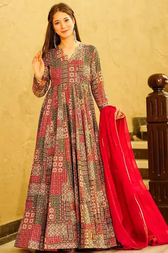 Multicolor heavy digital printed heavy rayon anarkali suits