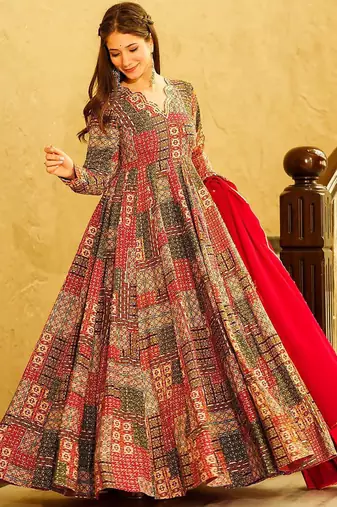 Multicolor heavy digital printed heavy rayon anarkali suits