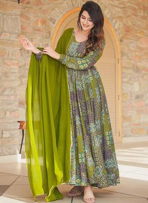 Green heavy digital printed heavy rayon anarkali suits 1