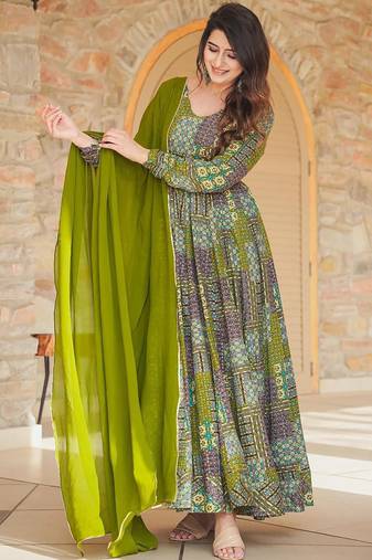 Green heavy digital printed heavy rayon anarkali suits