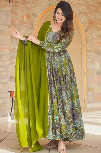 Green heavy digital printed heavy rayon anarkali suits