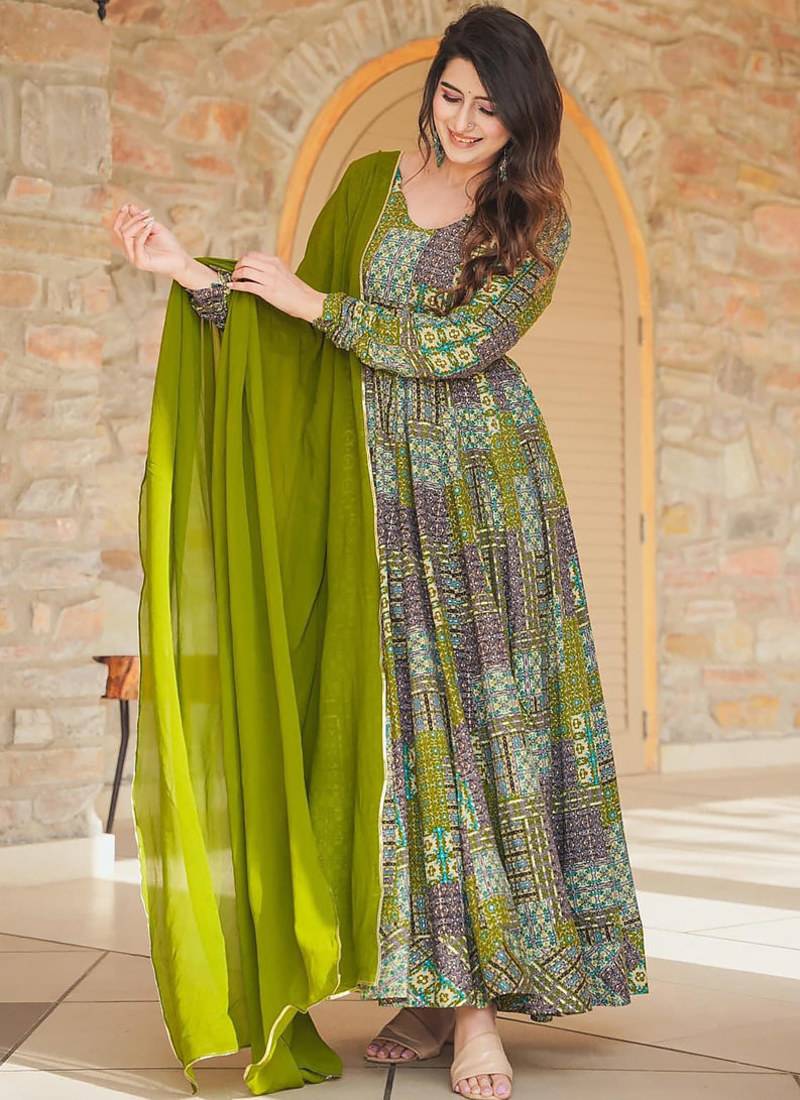 Green heavy digital printed heavy rayon anarkali suits